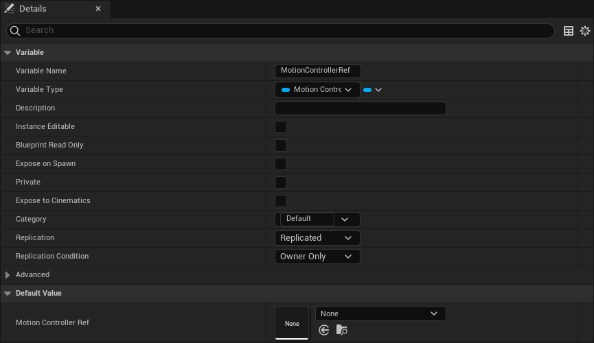 MotionControllerRef replication details MotionControllerRef replication details panel