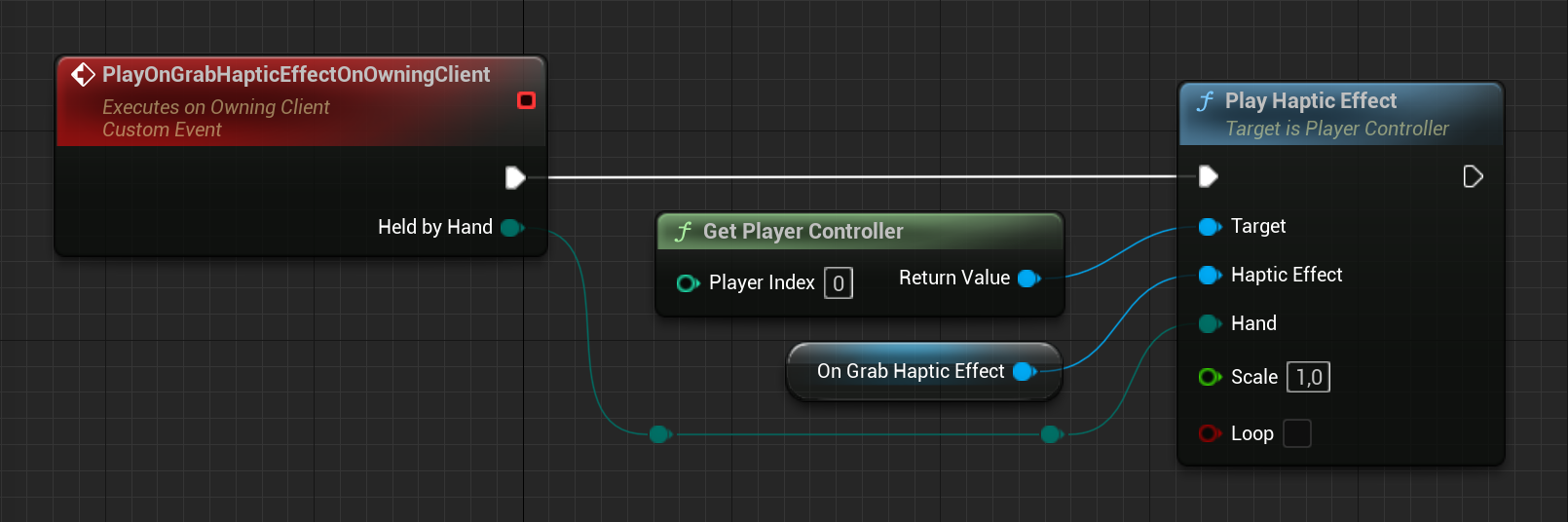 Play on grab haptic effect on owning client Blueprint code of the play on grab haptic effect on owning client event.
