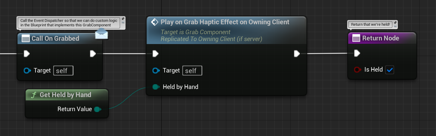 Play on grab haptic effect on owning client triggered Blueprint code where the play on grab haptic effect on owning client is triggered after a successful grab.