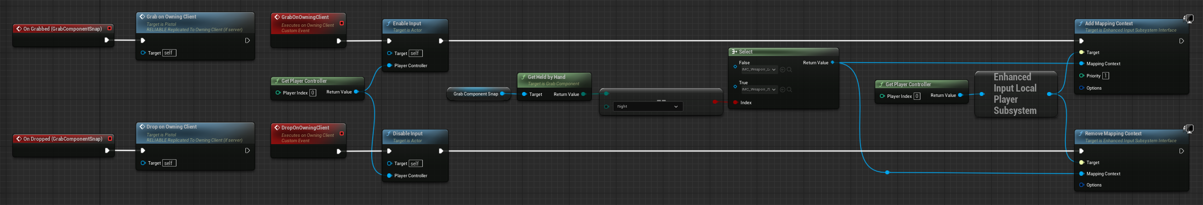 Pistol grapped and dropped Blueprint code to grab and drop the pistol