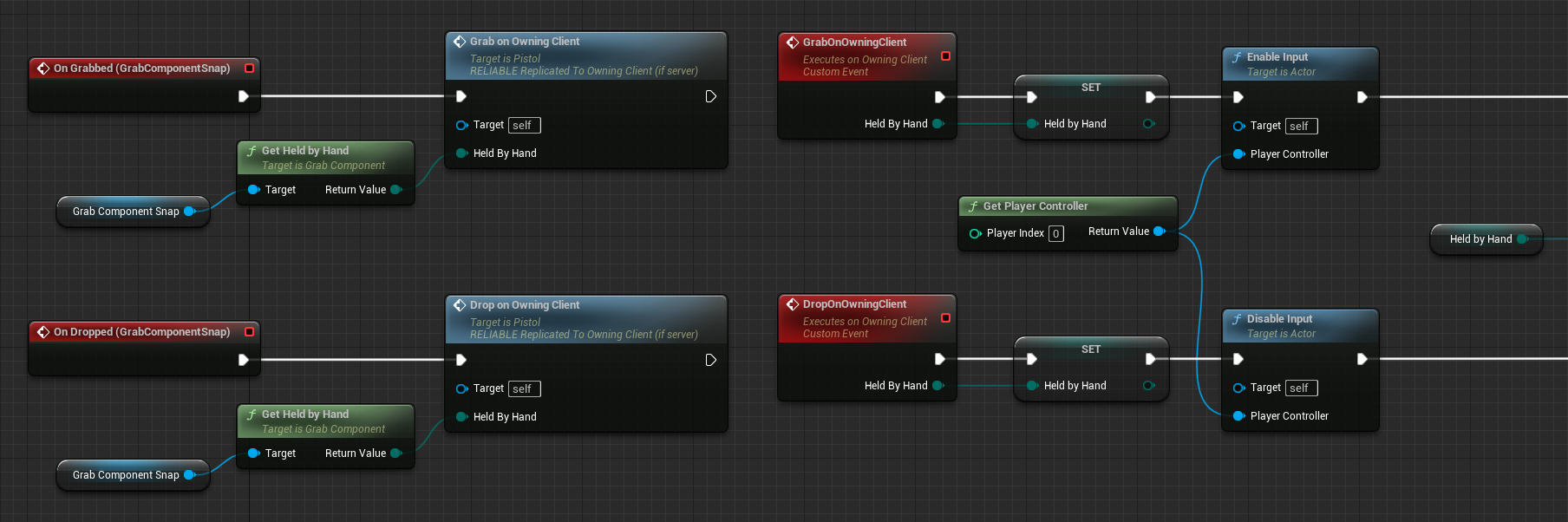 Pistol grapped and dropped with RPC input Blueprint code to grab and drop the pistol with one input for the RPC