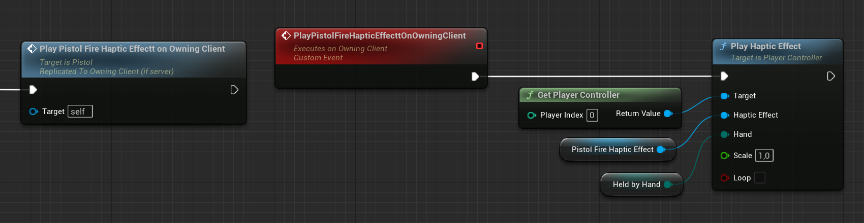 Play pistol fire haptic effect on owning client Blueprint code of the play pistol fire haptic effect on owning client event.