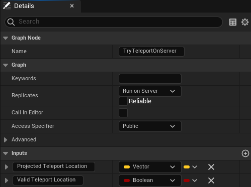 TryTeleportOnServer details The TryTeleportOnServer details panel