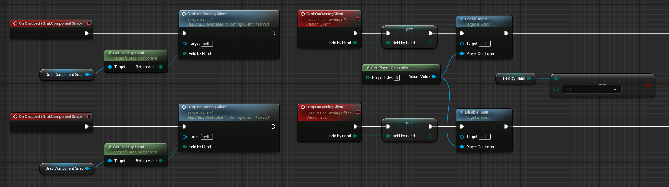 On grabbed and on dropped from previous tutorial Blueprint OnGrabbed and OnDropped events in the Pistol event graph from the previous tutorial
