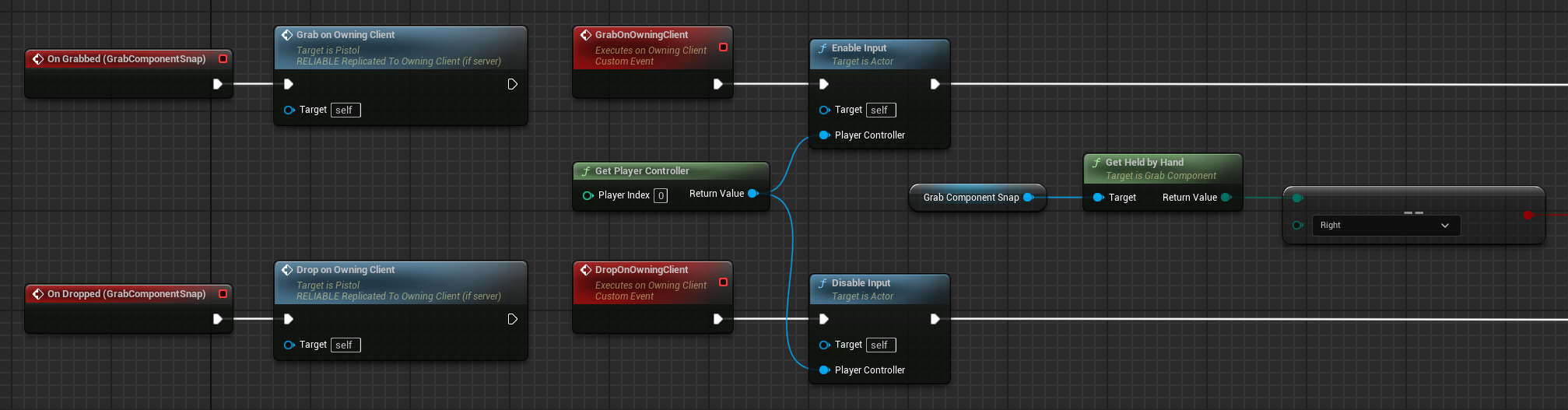 Simplified on grabbed and on dropped A simplified version of the Blueprint OnGrabbed and OnDropped events in the Pistol event graph