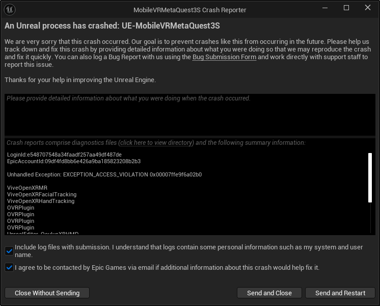 MobileVRMetaQuest3S Crash Reporter MobileVRMetaQuest3S Crash Reporter window.