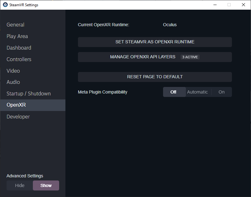 SteamVR Settings SteamVR Settings window.