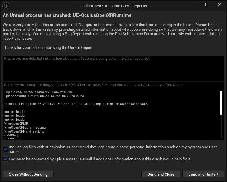 Oculus OpenXR Runtime Crash Reporter Oculus OpenXR Runtime Crash Reporter window.